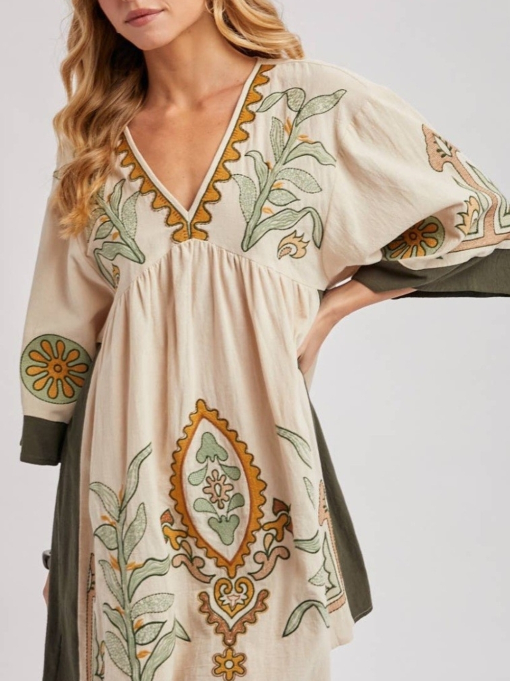 Boho Embroidered V-Neck Tunic in Cream & Olive
